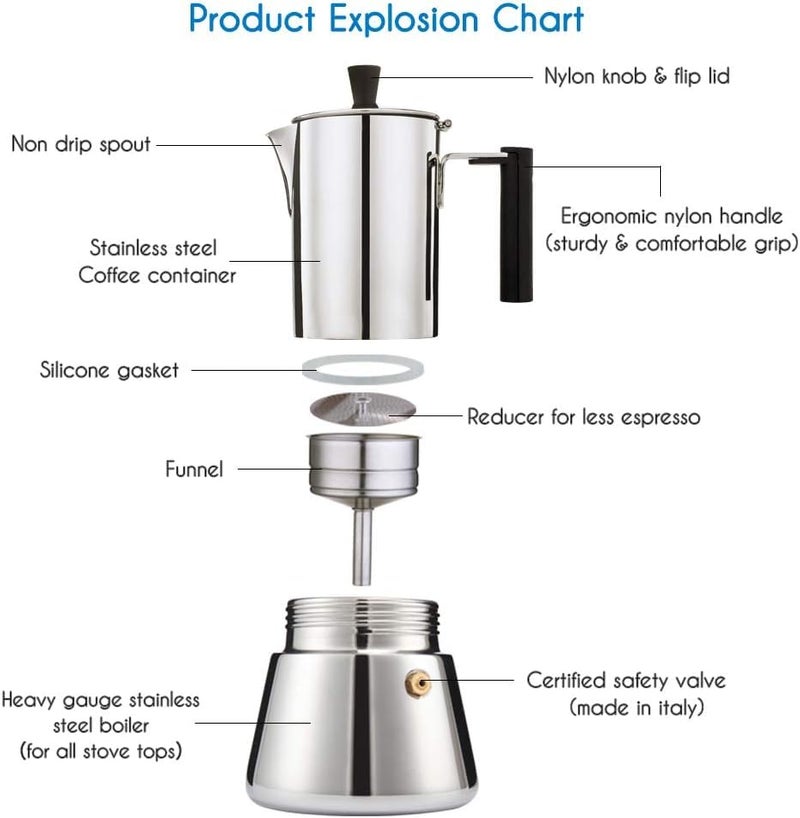 Easyworkz Pedro Stovetop Espresso Maker 4Cup 200ml Stainless Steel Italian Coffee Machine Maker Moka Pot Induction Espresso Pot - Image 3